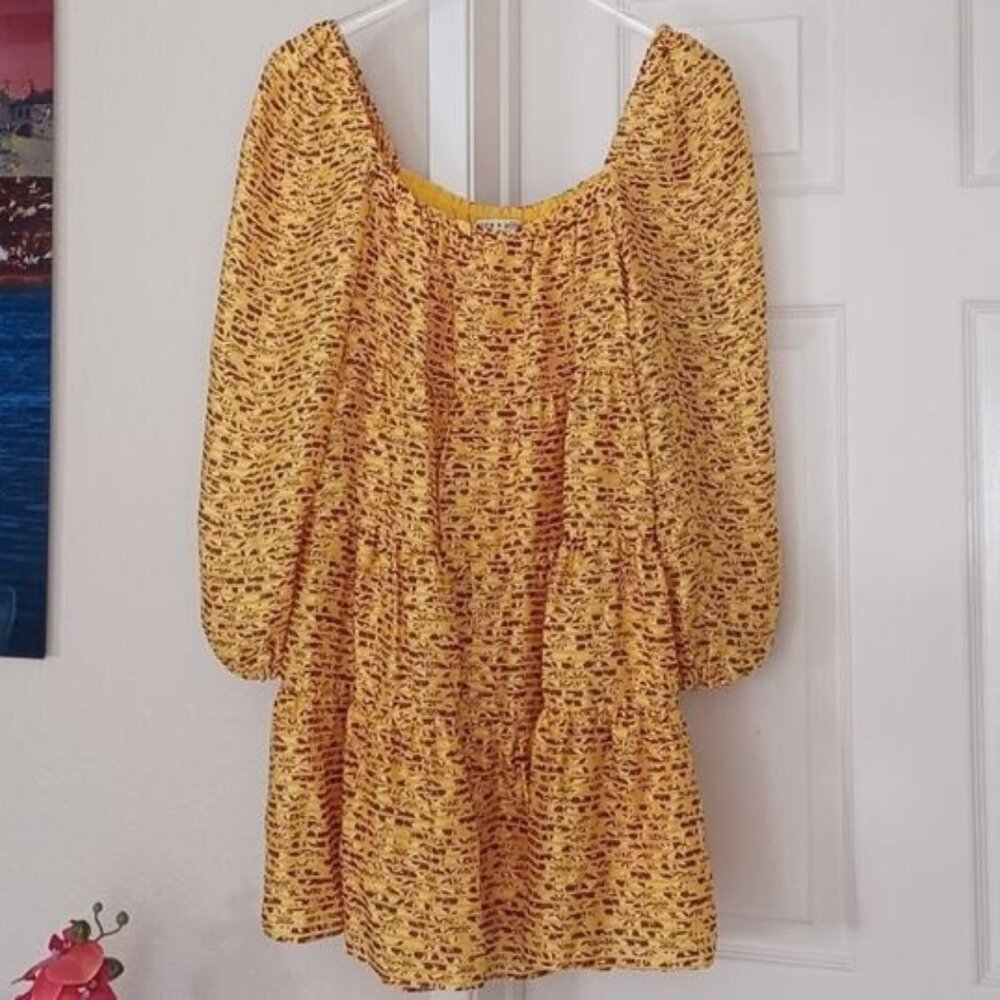 Alice + Olivia Rowen Mini Dress Yellow Maroon Floral Babydoll Puff Sleeve M - Picture 3 of 12
